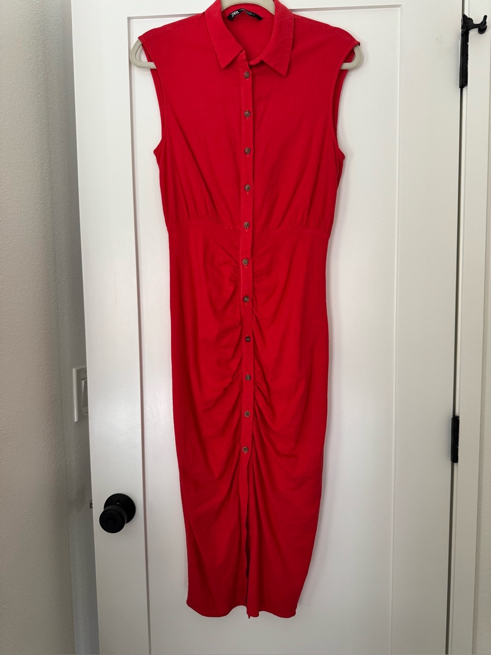 Zara Red Sleeveless Red Button-Front Midi Dress Linen Size S